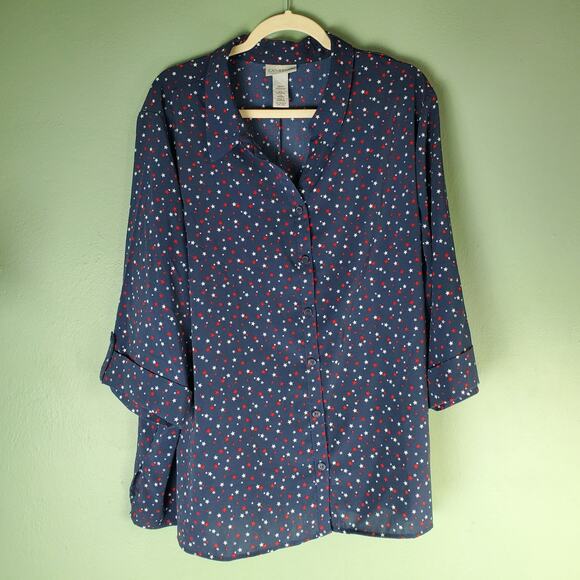Catherines Womens Navy Blue Star Lightweight Button Up Tunic Blouse Size 3XWP - Picture 1 of 5